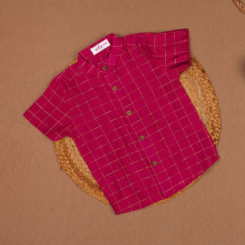 Deep Magenta - Ethnic Raw Silk Zari Check Shirt & Dhoti Set