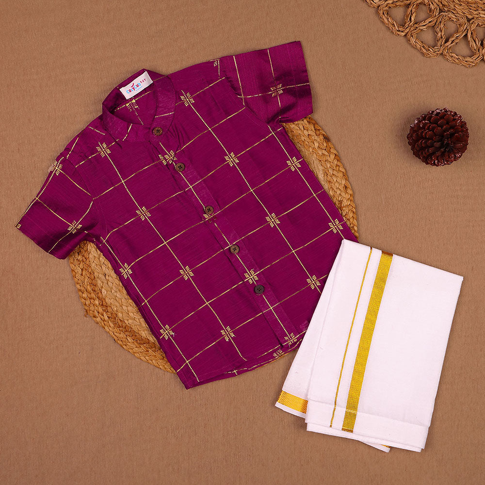 Magenta Purple - Ethnic Raw Silk Zari Check & Motif Shirt & Dhoti Set