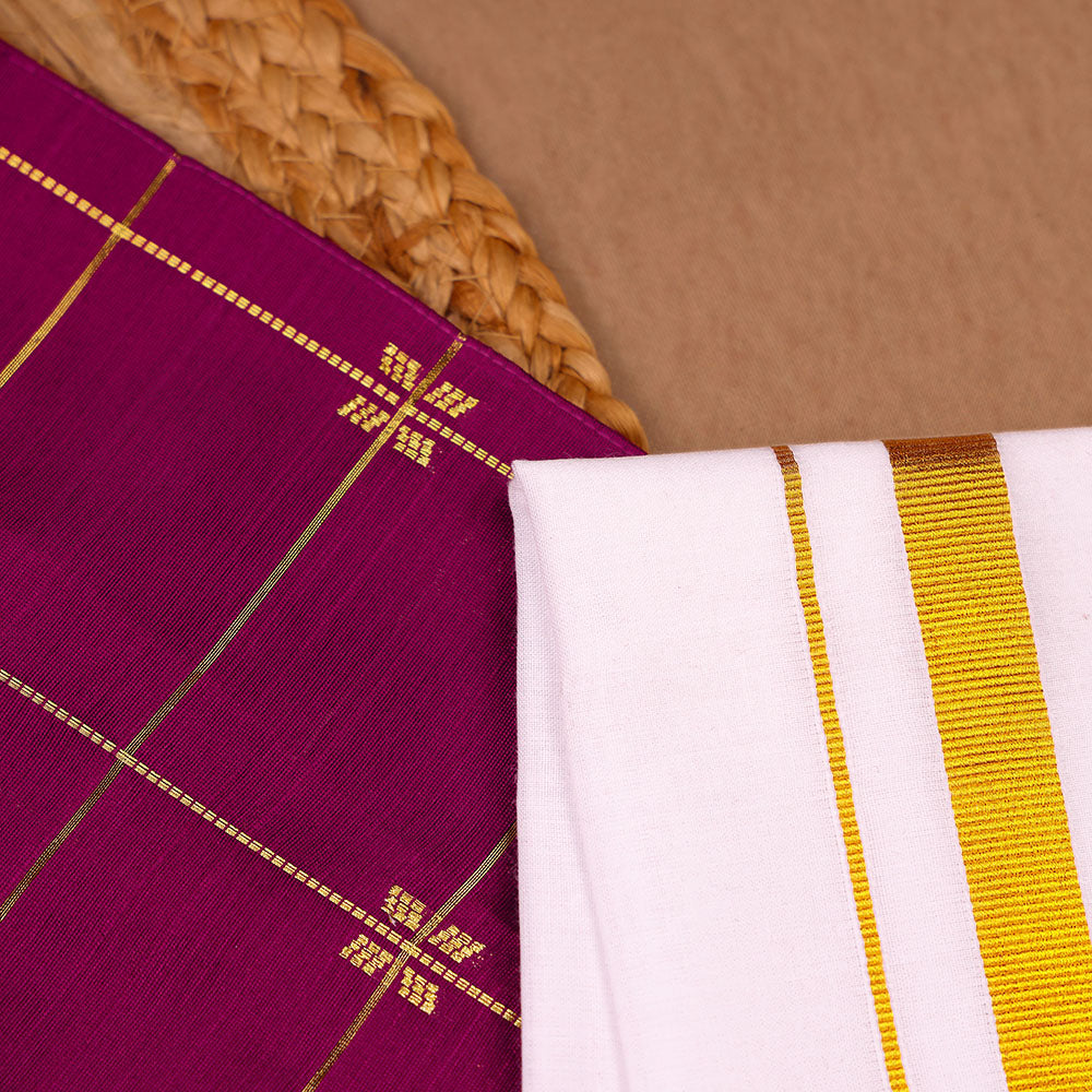 Magenta Purple - Ethnic Raw Silk Zari Check & Motif Shirt & Dhoti Set