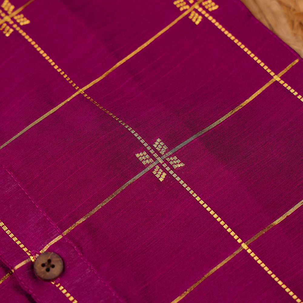 Magenta Purple - Ethnic Raw Silk Zari Check & Motif Shirt & Dhoti Set