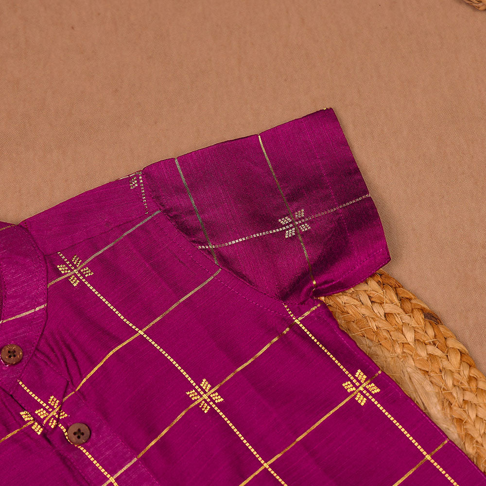 Magenta Purple - Ethnic Raw Silk Zari Check & Motif Shirt & Dhoti Set