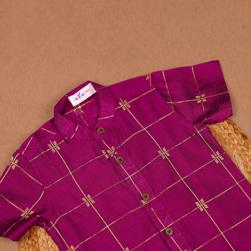 Magenta Purple - Ethnic Raw Silk Zari Check & Motif Shirt only