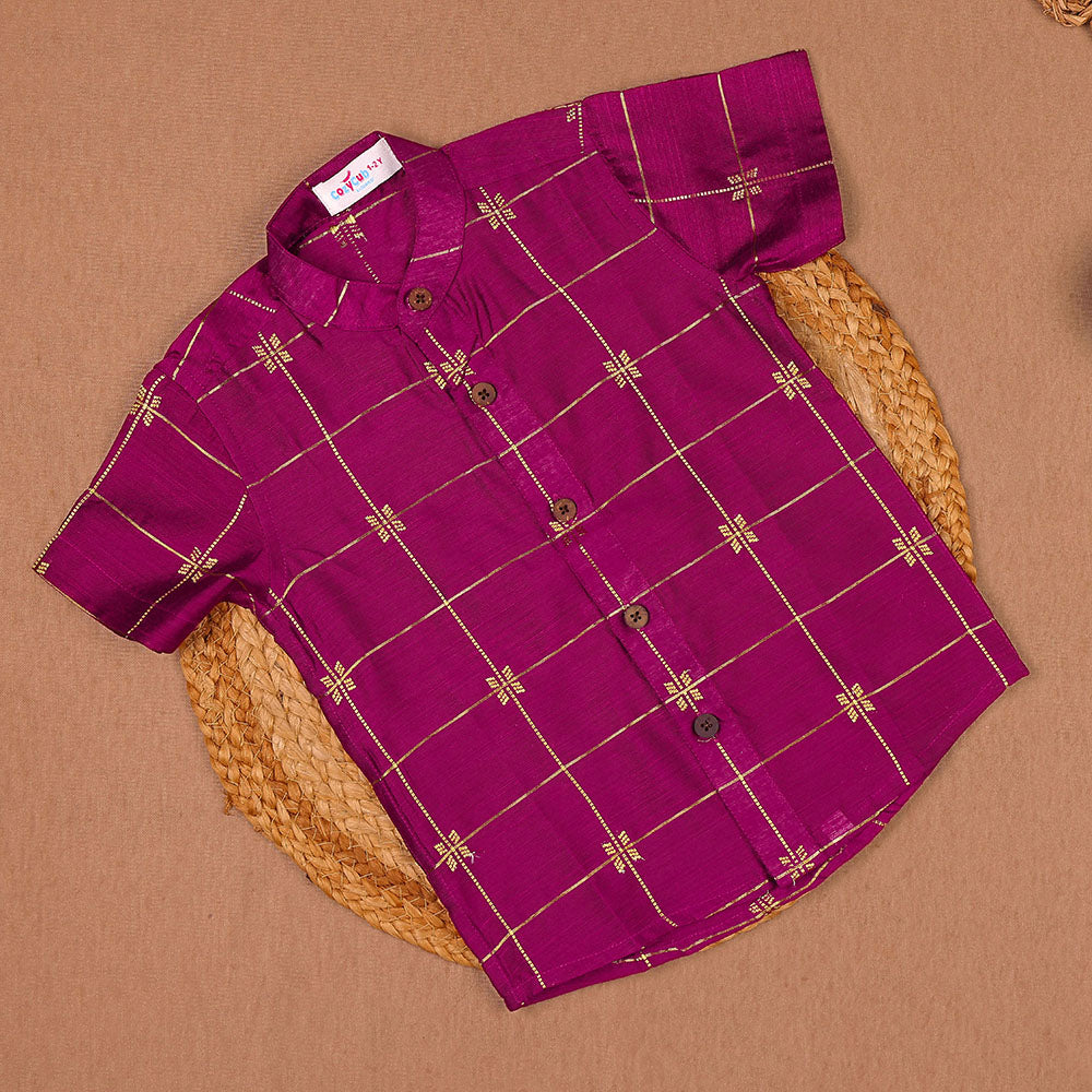 Magenta Purple - Ethnic Raw Silk Zari Check & Motif Shirt & Dhoti Set
