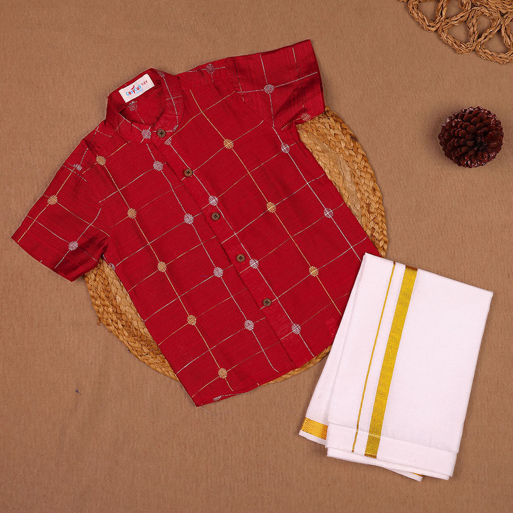Classic Red - Ethnic Raw Silk Zari Check & Butti Shirt & Dhoti Set