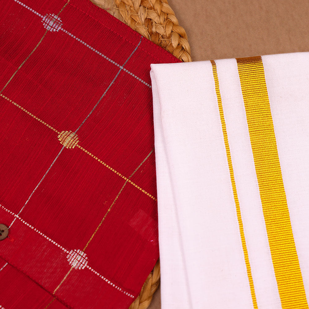 Classic Red - Ethnic Raw Silk Zari Check & Butti Shirt & Dhoti Set