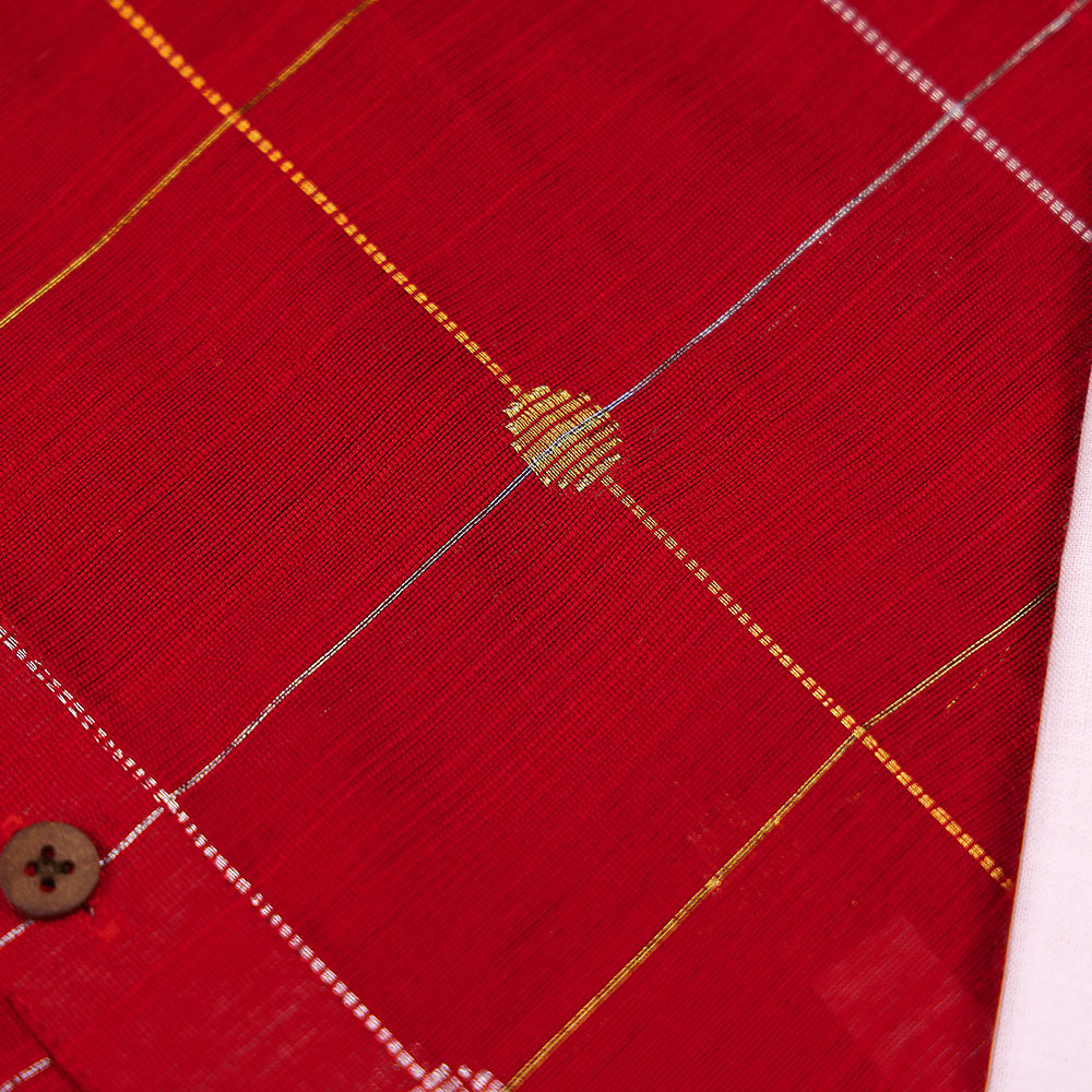 Classic Red - Ethnic Raw Silk Zari Check & Butti Shirt & Dhoti Set