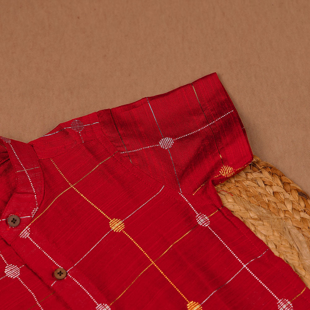 Classic Red - Ethnic Raw Silk Zari Check & Butti Shirt only