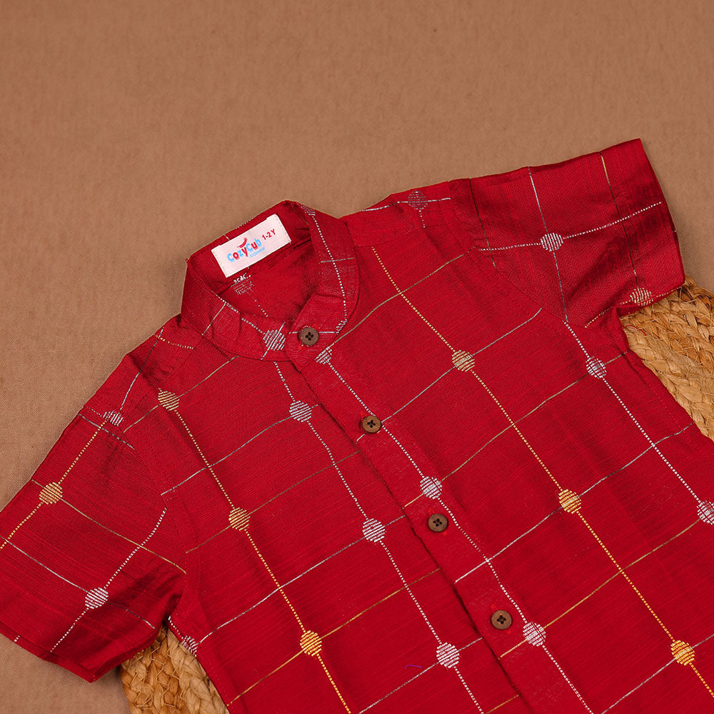 Classic Red - Ethnic Raw Silk Zari Check & Butti Shirt & Dhoti Set