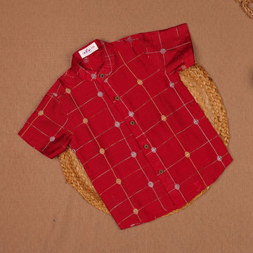 Classic Red - Ethnic Raw Silk Zari Check & Butti Shirt only