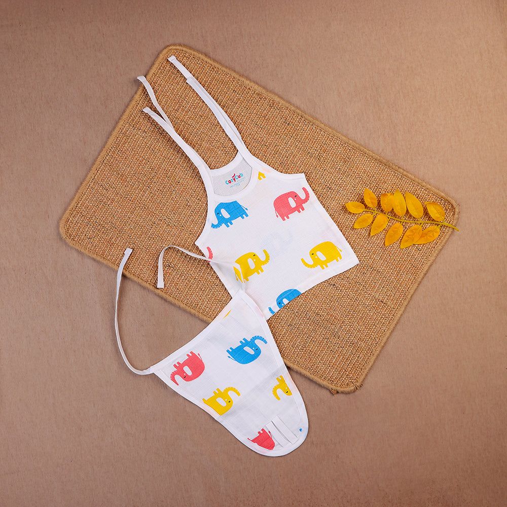 Adorable Elephants Two-Layered Organic Muslin Knot Jabla with Nappy Set