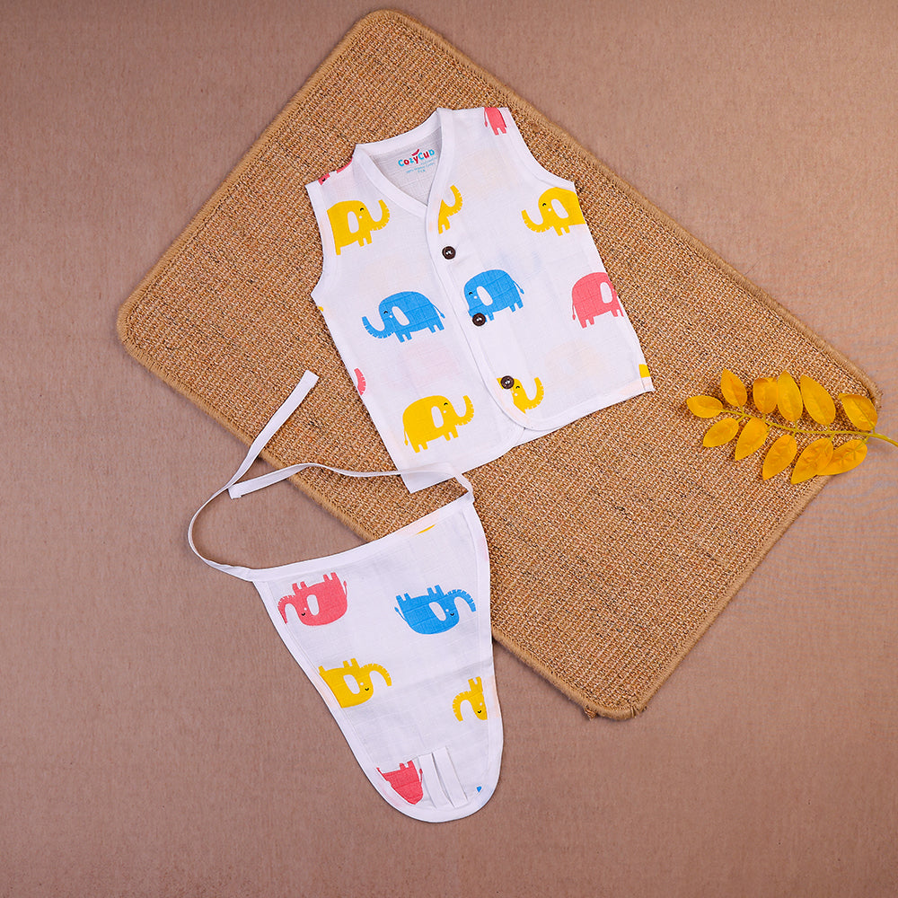 Adorable Elephants Two-Layered Organic Muslin Jabla with Nappy Set