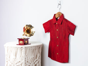 Red Raw Silk Shirt with Golden Stripes