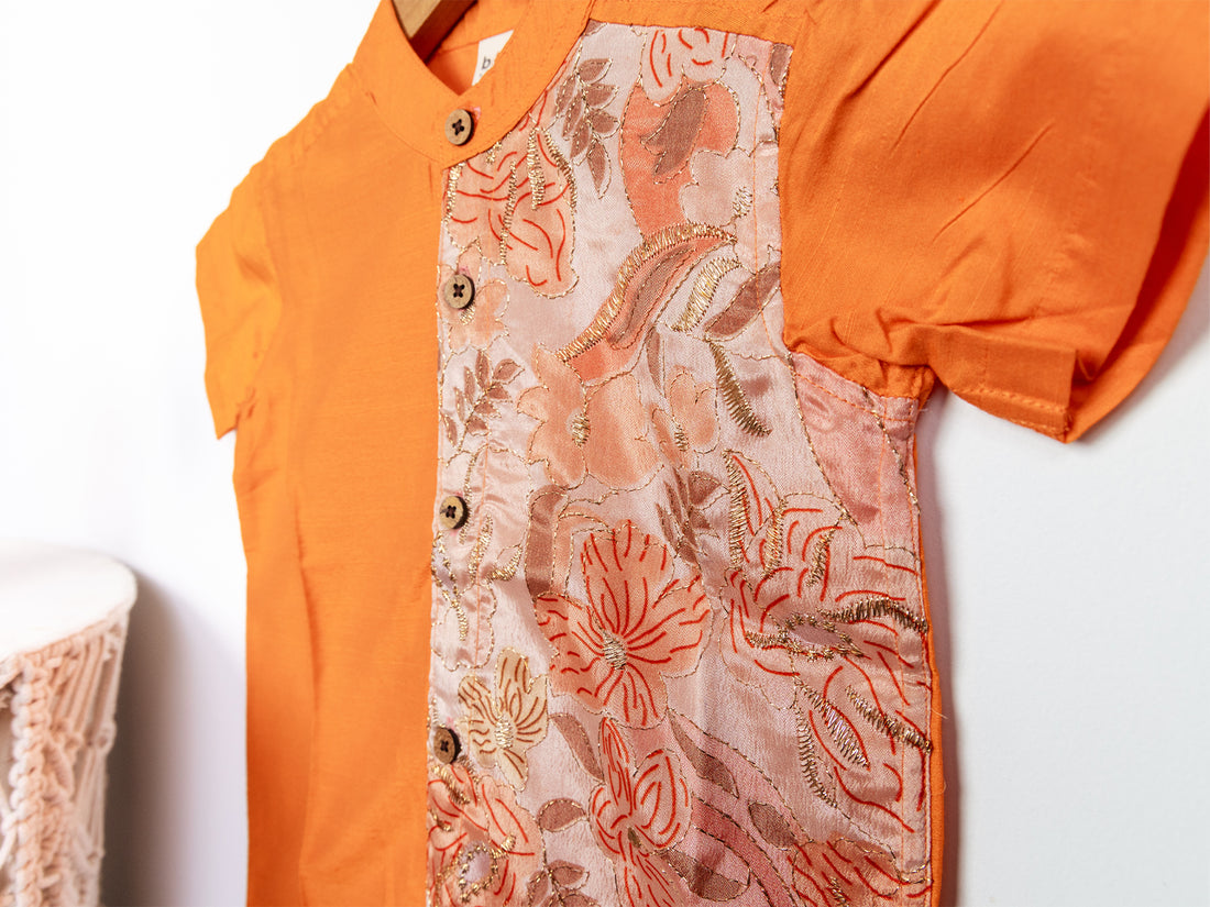 Orange Raw Silk Kurta with Brocade Pane