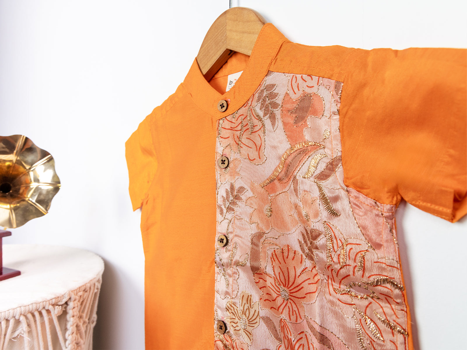 Orange Raw Silk Kurta with Brocade Pane