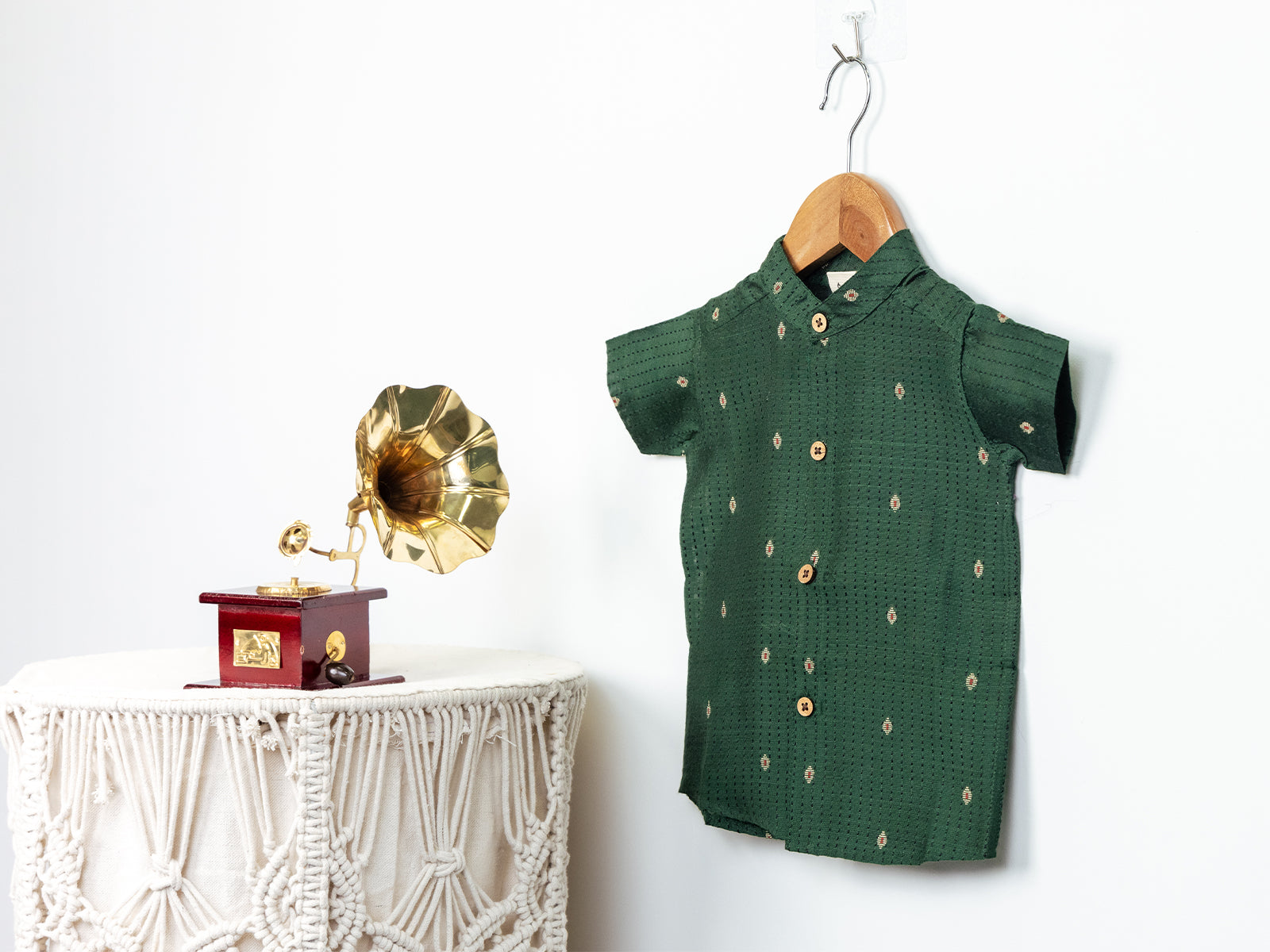 Bottle Green Raw Silk Shirt with Golden Buti