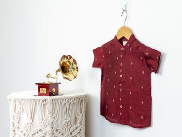 Maroon Raw Silk Shirt with Golden Buti