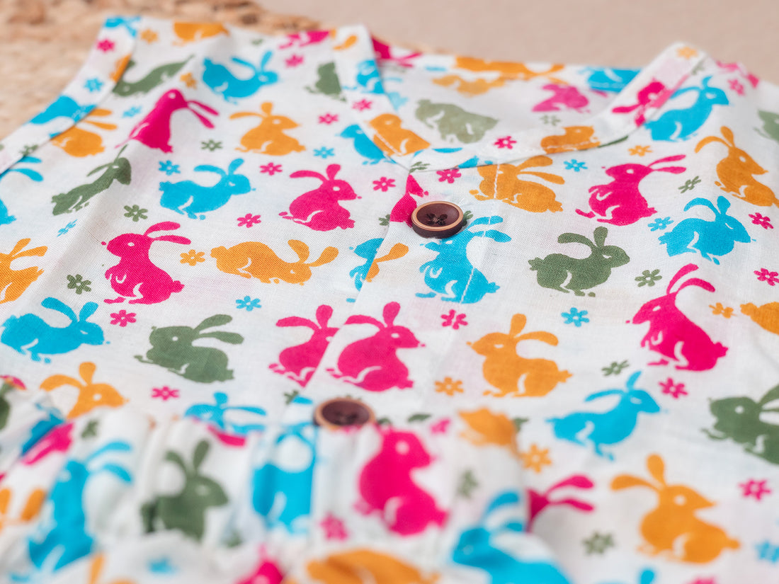 Playful Bunny Print Cotton Jabla Shorts Set