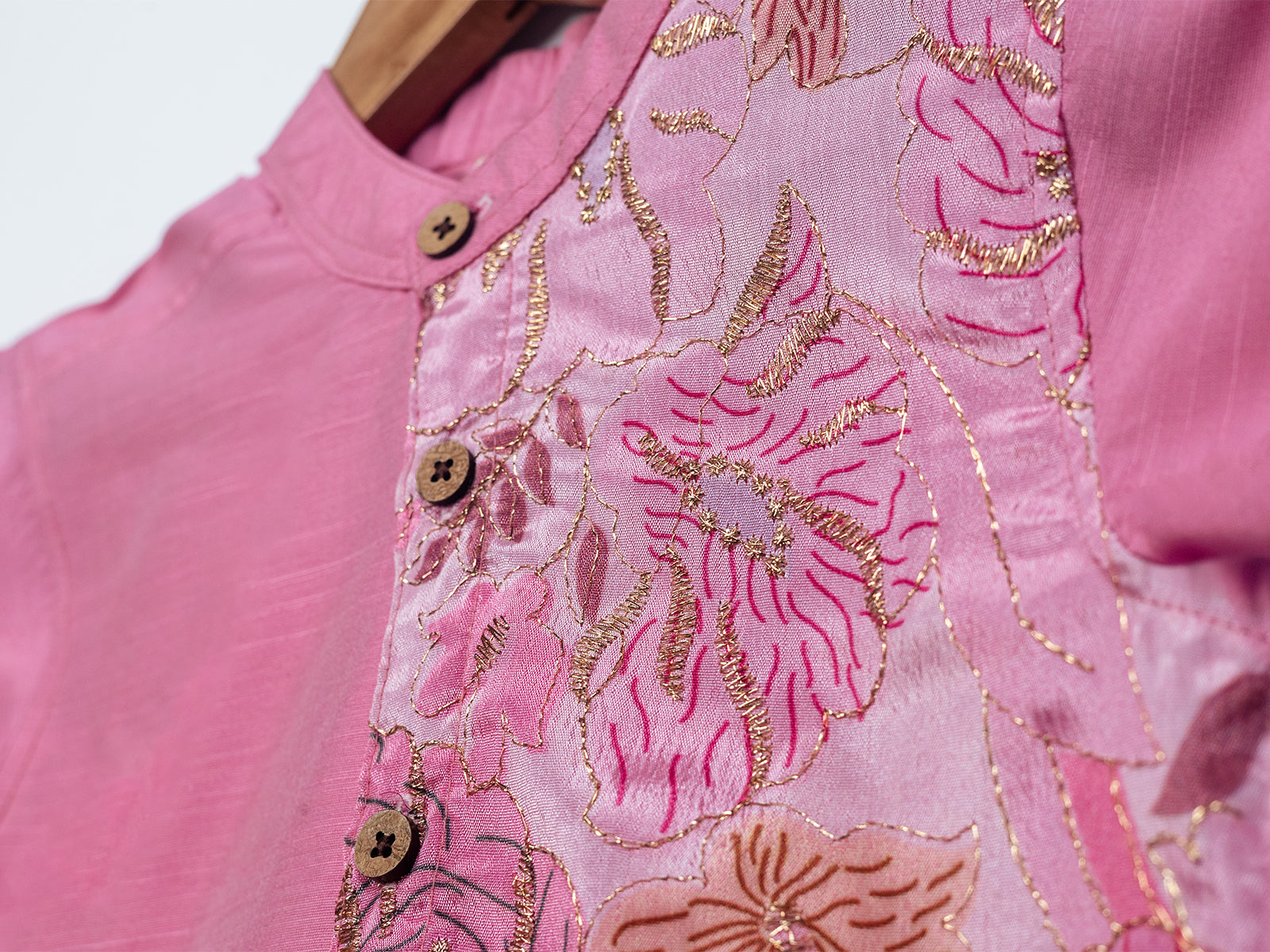 Pink Raw Silk Kurta with Brocade Panel