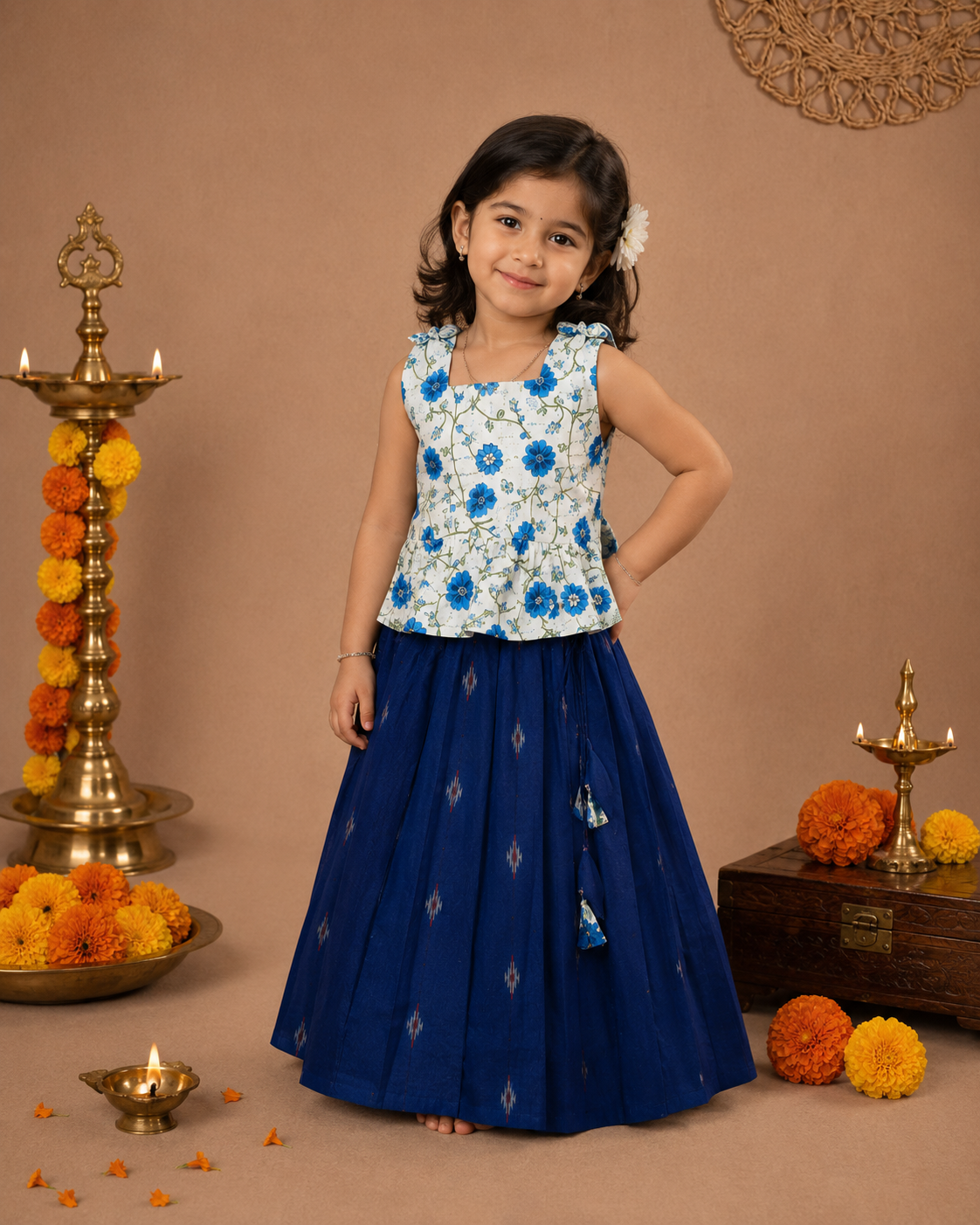 Blue Floral Peplum Top & Raw Silk Pleated Skirt Set