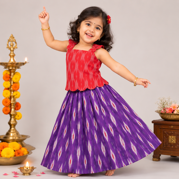 Red Ikkat Top & Purple Ikkat Pleated Skirt Set