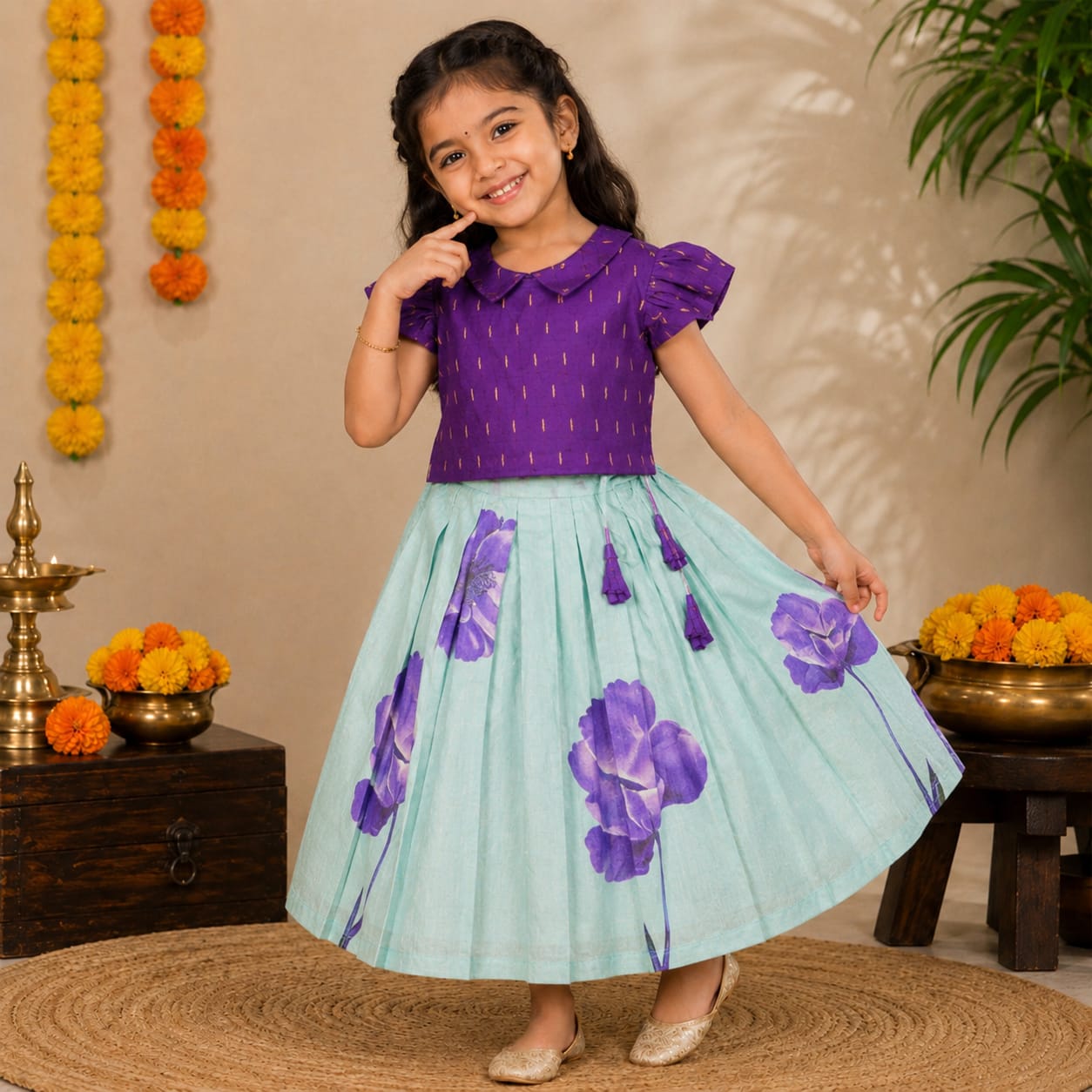 Purple Puff Sleeve Top & Floral Pleated Skirt Set