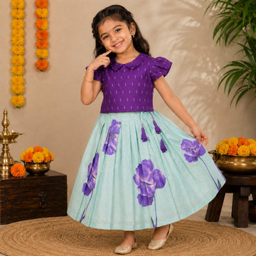Purple Puff Sleeve Top & Floral Pleated Skirt Set
