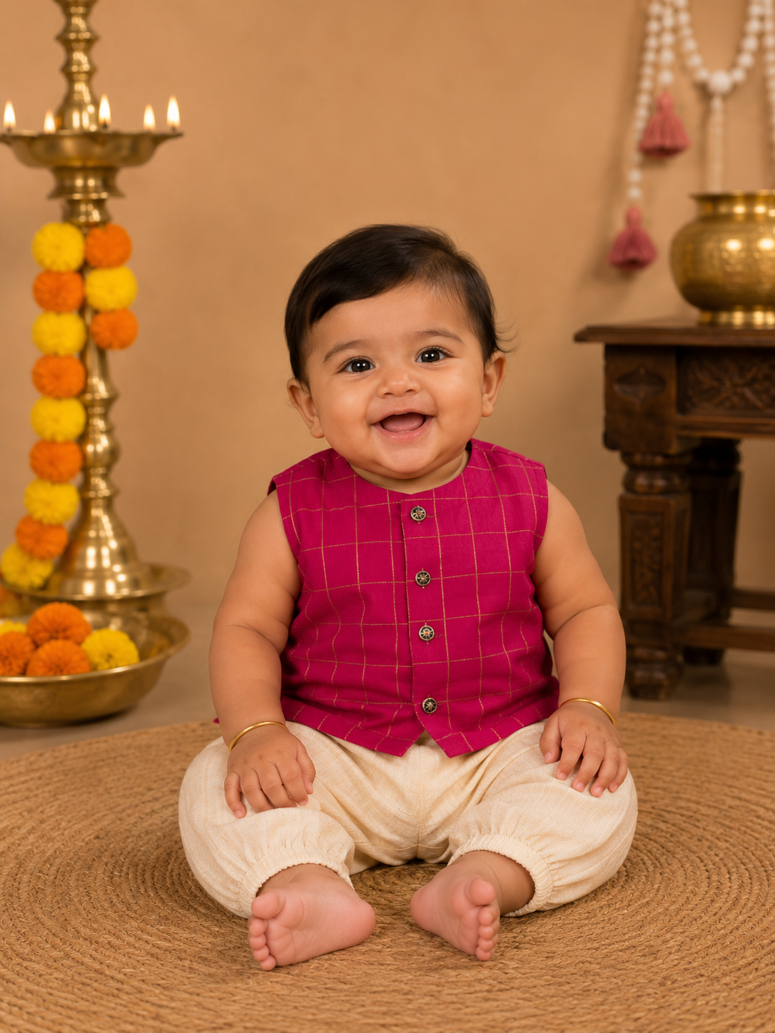 Fuchsia Raw Silk Ethnic Vest & Pant Set