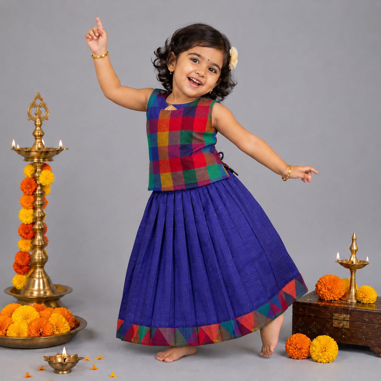 Multicolor Check Top & Blue Pleated Skirt Set