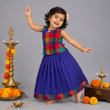Multicolor Check Top & Blue Pleated Skirt Set