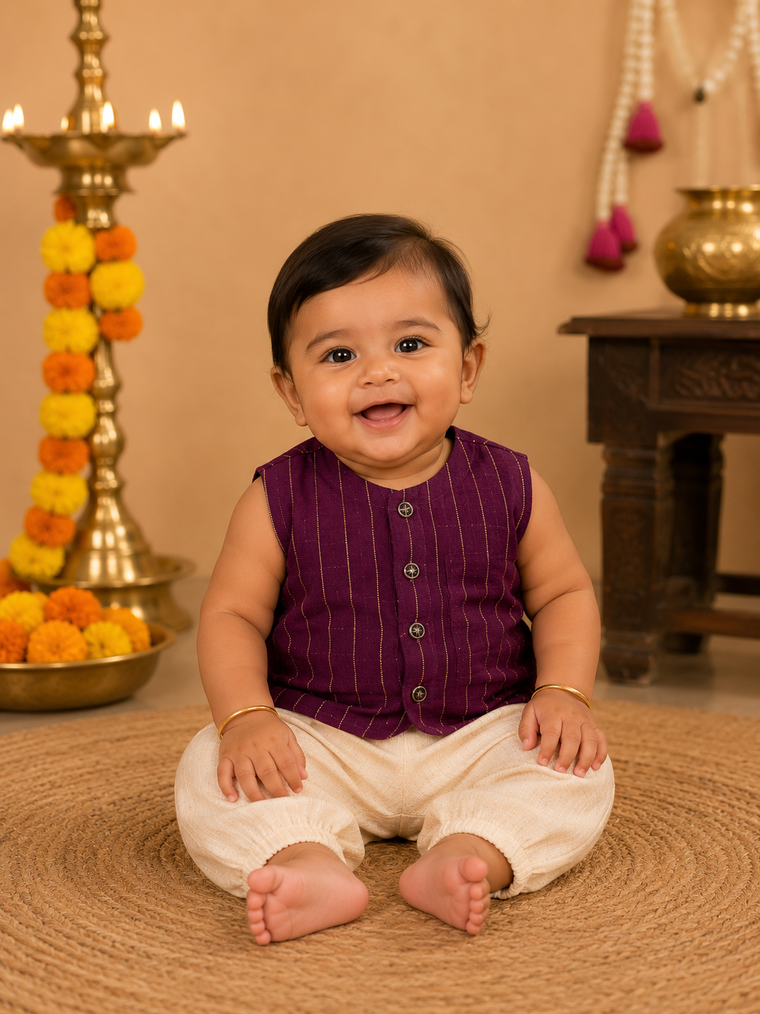 Deep Purple Raw Silk Ethnic Vest & Pant Set