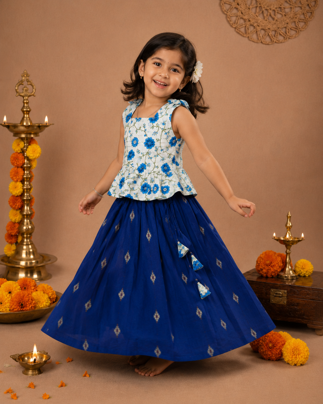 Blue Floral Peplum Top & Raw Silk Pleated Skirt Set